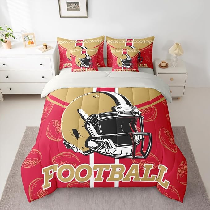Feelyou Football Comforter Set with Sheets 7 Piece Full Size Ball Games Bed in a Bag Kids Boys Girls Rugby Bedding Set City of Footballs Bedroom Decor Rugby Sports