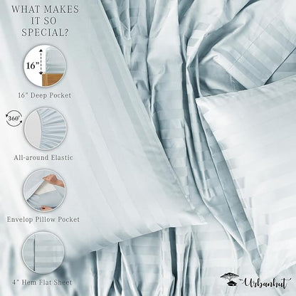 URBANHUT 1000 Thread Count Damask Striped King Sheet Set Egyptian Cotton, Long Staple Soft & Breathable, 4 Pc Bed Sheet Sets, Luxury Hotel Sateen Sheets Fits 16" Deep Pocket - Light Blue