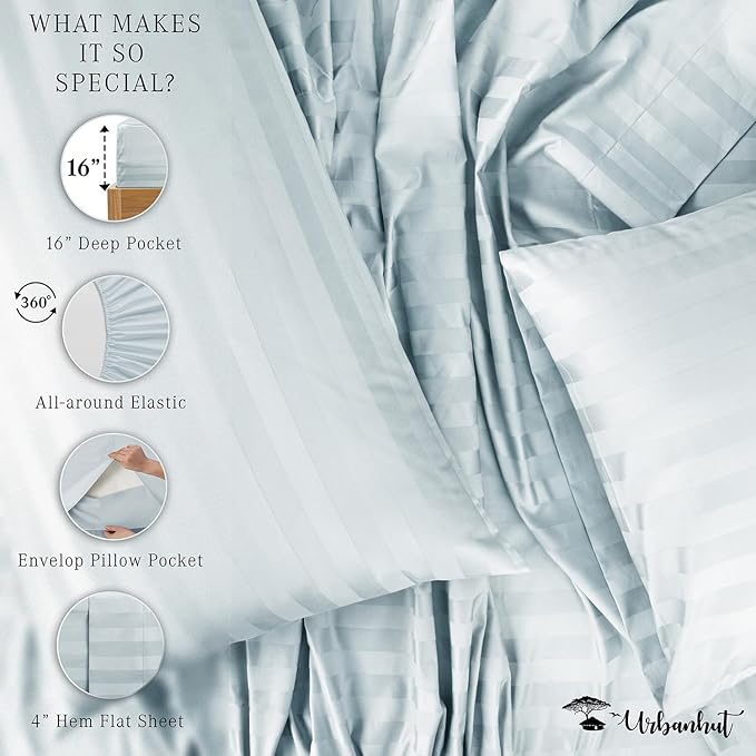 URBANHUT 1000 Thread Count Damask Striped Twin Size Egyptian Cotton Sheets, Long Staple Soft & Breathable, 4 Pc Bed Sheet Sets, Luxury Hotel Sateen Sheets Fits 16" Deep Pocket - Light Blue
