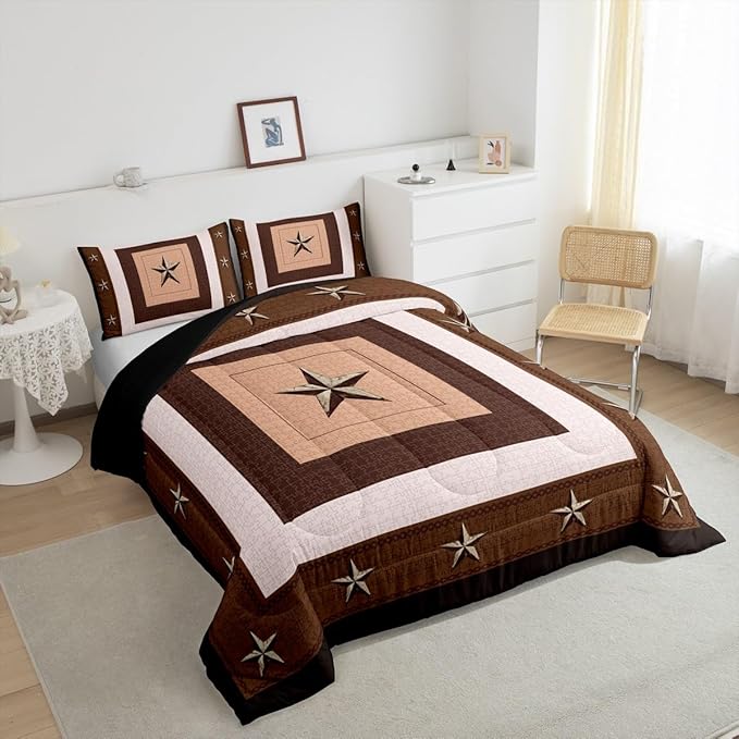 Feelyou Western Decor Comforter Set King Size Western Texas Star Print Comforter Cowboy Bedding Set Southwestern Native Aztec Duvet Set Room Decor Beige Brown Quilt Set