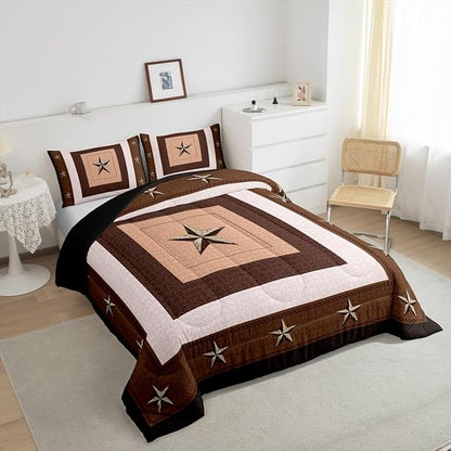 Feelyou Western Decor Comforter Set Full Size Western Texas Star Print Comforter Cowboy Bedding Set Southwestern Native Aztec Duvet Set Room Decor Beige Brown Quilt Set