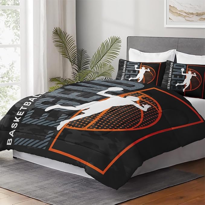King Size Comforter Set with 2 Pillowcase, Basketball Sport Soft 3 Pcs Bedding for Kids and Adults, Bed Decor Urban Comforter Set for Room Bedroom