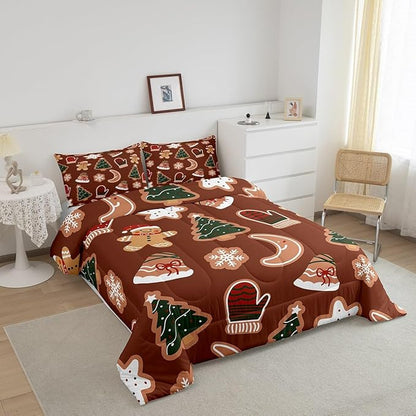 Erosebridal Merry Christmas Comforter Set for Kids Boys Girls,Cartoon Gingerbread Man Christmas Tree Bedding Twin,Cute Xmas Comforter Sets,Moon Snowflake Duvet Insert with 1 Pillowcase