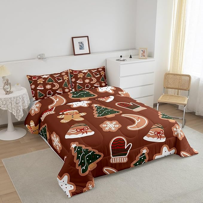 Erosebridal Merry Christmas Comforter Set for Kids Boys Girls,Cartoon Gingerbread Man Christmas Tree Bedding Full,Cute Xmas Comforter Sets,Moon Snowflake Duvet Insert with 2 Pillowcases
