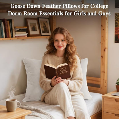 BHZ Goose Down Feather Pillows Queen Size Set of 2, Hotel Collection Bed Pillows for Sleeping Medium Firm Soft Support Pillow for Side and Back Sleepers with 100% Cotton Fabric
