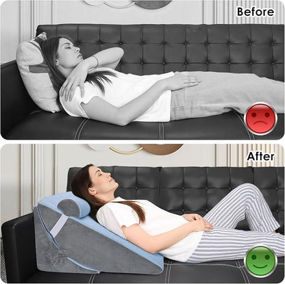 Bed Wedge Pillow for Sleeping, 3PCS Wedge Pillow Set for After Surgery, Adjustable 7 &12 inch Pillow Wedges for Acid Reflux Relief, Back Pain Relief, Sleep Apnea, Sitting Up, Headboard(Blue/Grey)