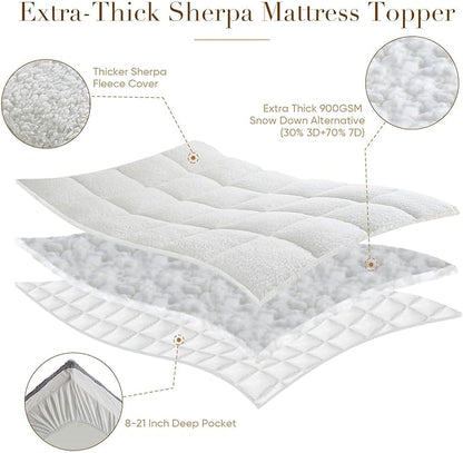 Cymula Twin Bed Mattress Topper, Sherpa Mattress Pad for Twin Dorm Bed Extra Thick 900GSM Down Alternative Plush Pillow Top Soft Futon Paded Mattress Protector Cover, White