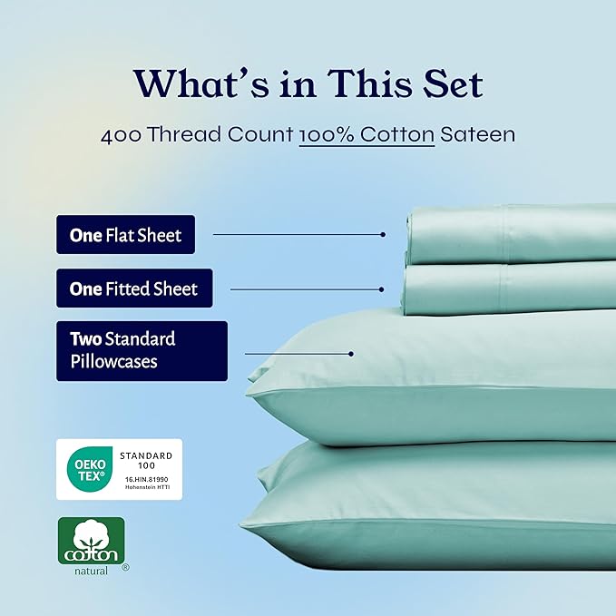California Design Den Full Size Bed Sheets Set - Soft 400 Thread Count Sateen, Natural 100% Cotton Sheets with Deep Pockets, Breathable, and Durable Bedding Set - Seafoam