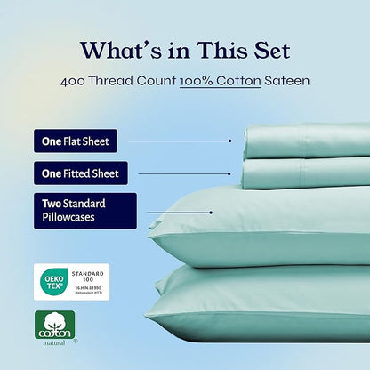 California Design Den Full Size Bed Sheets Set - Soft 400 Thread Count Sateen, Natural 100% Cotton Sheets with Deep Pockets, Breathable, and Durable Bedding Set - Seafoam
