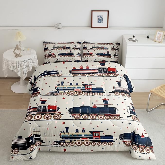Erosebridal Vintage Steam Train Bedding, Cartoon Classic Railway Retro Twin Comforter Set, Gifts for Kids Girls Boys Travel Locomotive Train Bedding Sets Galaxy Stars Decorations Duvet Set