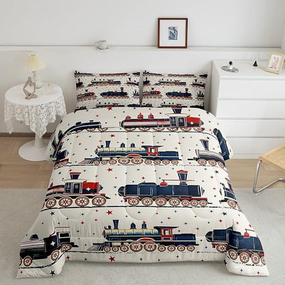 Erosebridal Vintage Steam Train Bedding, Cartoon Classic Railway Retro Twin Comforter Set, Gifts for Kids Girls Boys Travel Locomotive Train Bedding Sets Galaxy Stars Decorations Duvet Set