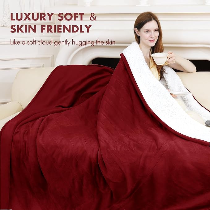 Electric Heated Throw Blanket 50" x 60" - Soft Flannel Sherpa Electric Heated Blanket with 5 Heating Levels & 4 Hours Auto Off, Heating Blanket as a Gift for Grandma, Machine Washable (Red)