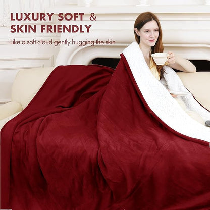 Electric Heated Blanket Twin 62" x 84" - Soft Cozy Flannel Sherpa Electric Blanket with 5 Heating Levels & 10 Hours Auto Off, Heated Lap Blanket for Office and ETL Certified (Red)