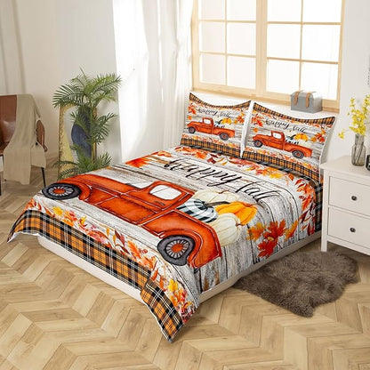 Happy Fall Pumpkin Comforter Cover,Autumn Maple Leaves Truck Print Duvet Cover for Girls Teens Bedroom Gift,Plaid and Wooden Board Comforter Cover Decorative with 2 Pillowcases, Full Size