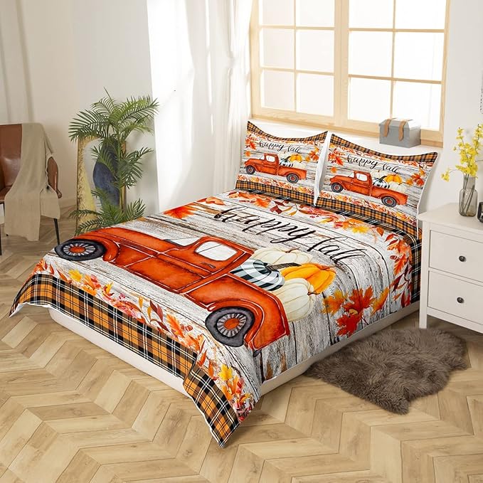 Happy Fall Pumpkin Duvet Cover Set King Size,Autumn Maple Leaves Truck Print Comforter Cover with 2 Pillowcases,3 Piece,Plaid and Wooden Board Bedding Set for Adult Young Bedroom Xmas Gift