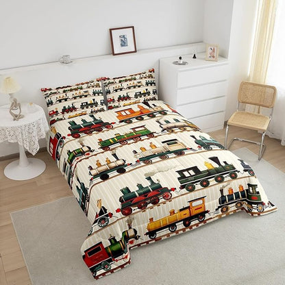 Erosebridal Vintage Train Comforter Set Retro Steam Engine Bedding Full for Boys Girls Colorful Steam Locomotive Train Bedding Set, Transportation Vehicle Train Duvet Insert with 2 Pillowcases