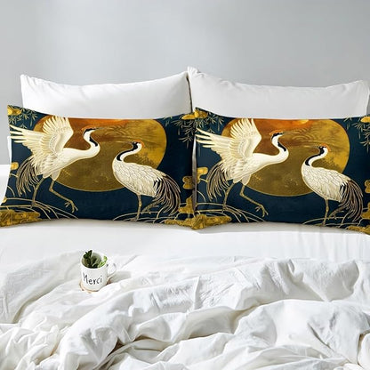 Crane Bedding Set Full,Japanese Cloud Trees Duvet Cover Set 3pcs for Kids Teens Adults Room Decor,Animals Plants Comforter Cover Ukiyo-e Style Quilt Cover with 2 Pillowcases