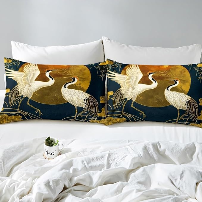 Castle Fairy Crane Duvet Cover Set Queen,Japanese Cloud Trees Bedding Set 3pcs for Kids Teens Adults Room Decor,Animals Plants Comforter Cover Ukiyo-e Style Quilt Cover with 2 Pillowcases