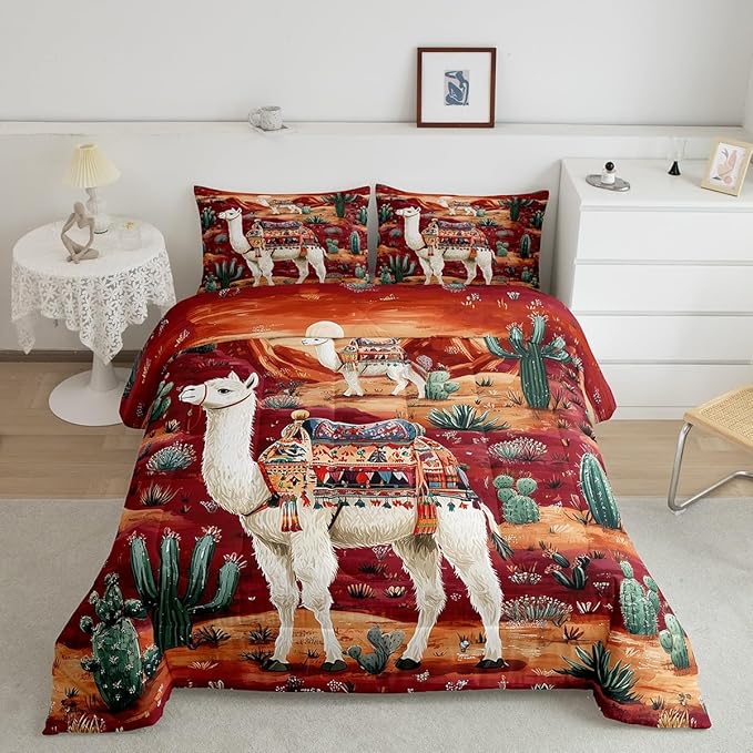 Boho Alpaca Comforter Set Queen Size for Kids Western Desert Cactus Bedding Sets All Season Exotic Tribal Style Quilt Set Bedroom Decor Cute Tropical Animal Down Comforter,3Pcs