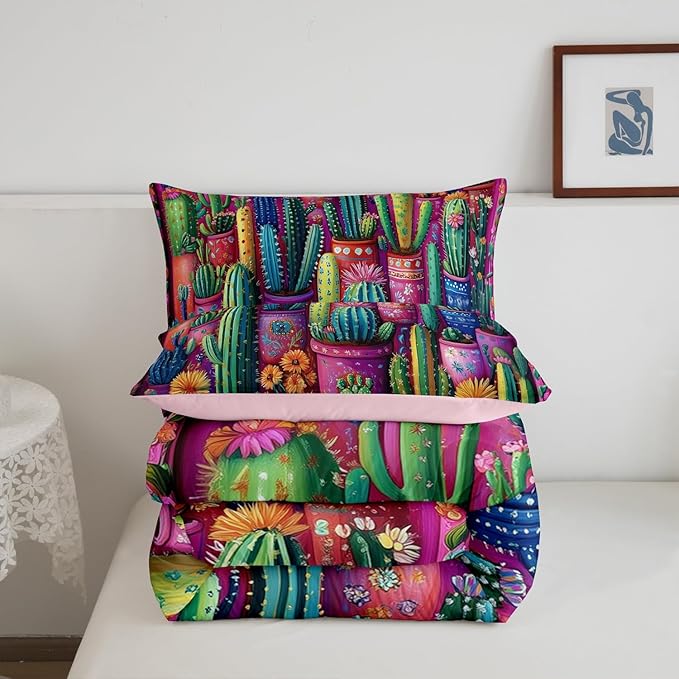 3D Cactus Comforter Set Twin Size Western Bohemia Rustic Bedding Set Bedroom Decor Tropical Nature Botancial Quilt Set for Kids Boys Girls Exotic Tribal Style Duvet Insert 2Pcs