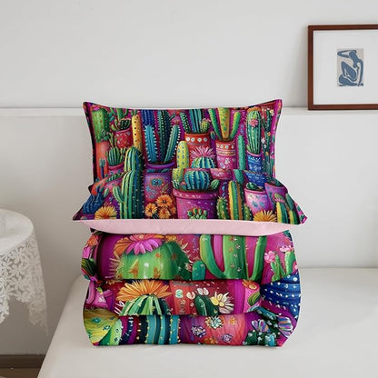 3D Cactus Comforter Set Twin Size Western Bohemia Rustic Bedding Set Bedroom Decor Tropical Nature Botancial Quilt Set for Kids Boys Girls Exotic Tribal Style Duvet Insert 2Pcs