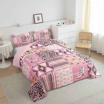 Feelyou Pink Aztec Bedding Set Full Size, Kids Western Decor Comforter Set Wild West Cowboy Cowgirl Comforter Boho Style Duvet Insert Bed Set 3Pcs