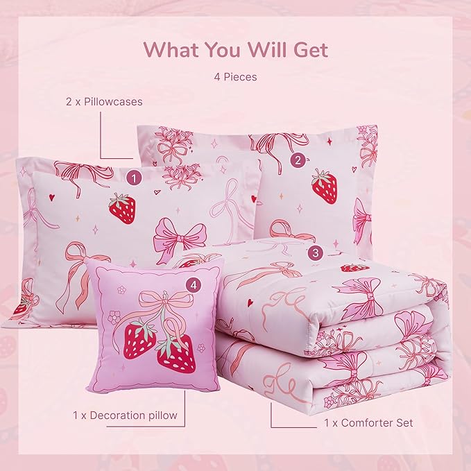 Full Size Comforter Set for Girls - 4 Pieces Pink Bow Full Bedding Sets for Kids,1 Comforter, 2 Shams and 1 Decor Pillow