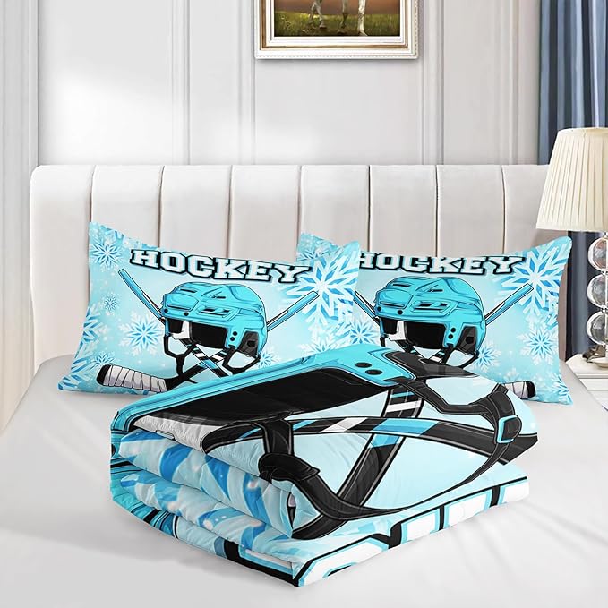 Blue Ice Hockey Comforter 3Pcs Queen Hockey Sports Event Snowflake Bedding Set for Kid Teen Girl Boy Adult Winter Sports Games Hockey Helmet Quilt Bed Decor with 1 Comforter and 2 Pillowcases