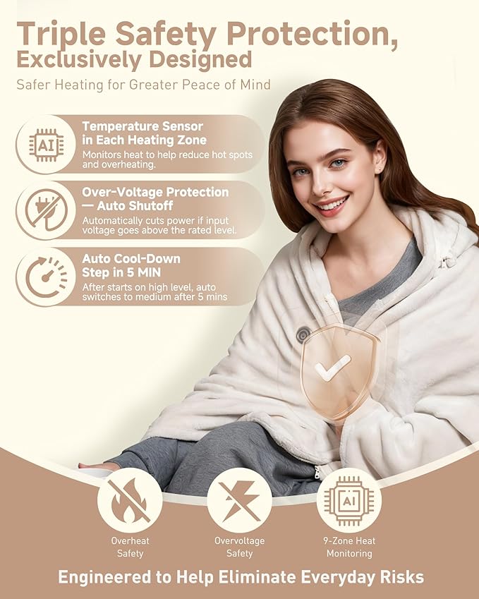 Cordless Heated Blanket with Hood, USB Battery Powered Heated Wearable Blanket with 9 Heating Zones, 20000 mAh Power Bank, 3 Levels, Portable Heated Throw Blanket, Heated Shawl