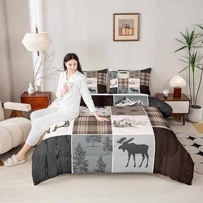 Hunting Camper Comforter Set Queen Size Bear Elk Arrow Wild Animals Bedding Set Kids Boys Teens Women Rustic Farmhouse Cabin Home Decor 3pcs,Retro Geometric Stripes Plaid Duvet Insert,Brown Grey