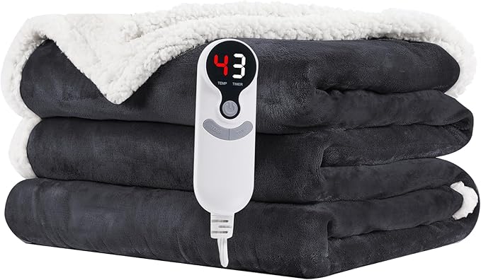 Electric Heated Blanket Throw Size 50"x60" - Microplush & Sherpa Fabric Dual-Sided, 6 Heat Settings & 3 Hours Auto Off, Soft & Cozy Warming Throw for Home, Office, or Bed, Machine Washable, Iron Gray