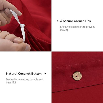 JELLYMONI Cotton Duvet Cover King Size - Crimson Red Comforter Cover with Button 100% Washed Cotton 3PCS Breathable Soft Solid Bedding Set Duvet Cover 104×90in & 2 Pillowcases (NO Comforter)
