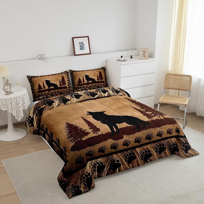 Feelyou Cute Wolf Comforter Set for Girls Boys Kids Wolves Howling Bedding Set Room Decorative Animal Wolves Tree Pattern Bedding Set Exotic Style Brown Black Duvet Set King Size 3Pcs Quilt Set
