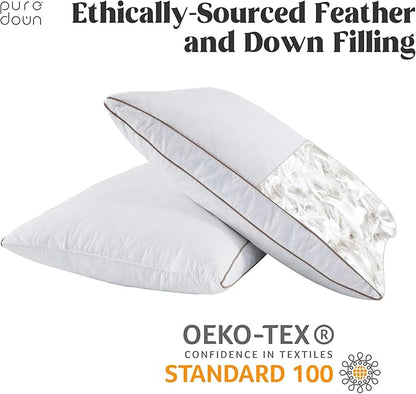 puredown® Natural Goose Down Feather Pillows for Sleeping Oval Gusseted Feather Down Pillow 100% Cotton Pillow Cover with Leaf Quilting Standard Set of 2