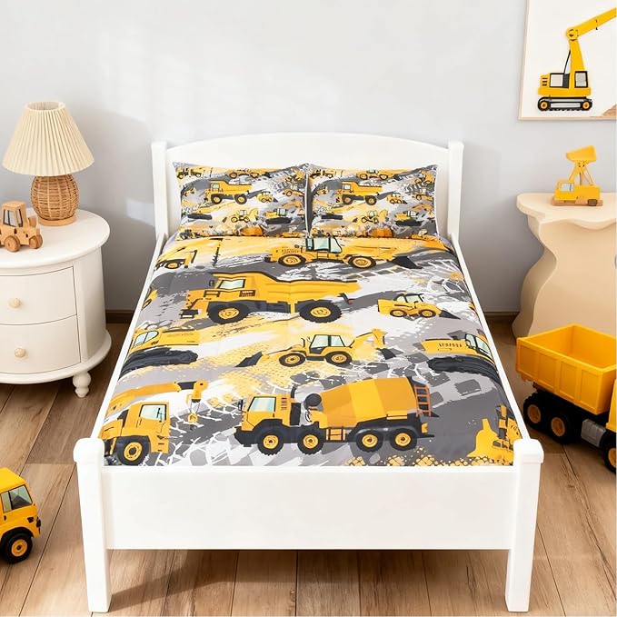 Feelyou Kids Construction Comforter Set Toddler Size Bedding Sets for Boys Children Cartoon Excavator Tractor Comforter Set Construction Machinery Truck Duvet Set Baby Boys Vehicles Cars Bed Set