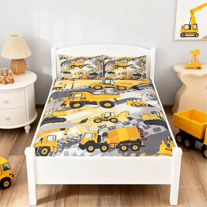 Feelyou Kids Construction Comforter Set Toddler Size Bedding Sets for Boys Children Cartoon Excavator Tractor Comforter Set Construction Machinery Truck Duvet Set Baby Boys Vehicles Cars Bed Set