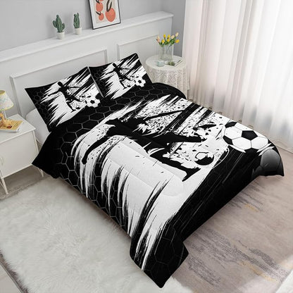 Soccer Comforter Set Sport Themed Black White Printed Bedding Set with 1 Comforter and 2 Pillowcases for Boys and Girls Bedroom All Season(Soccer-3 Full)