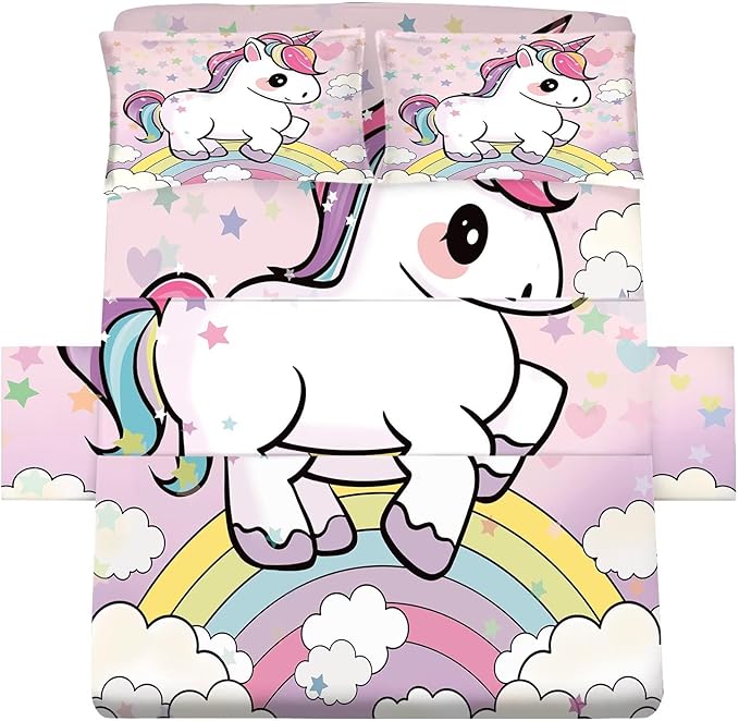 Unicorn Sheets Set Twin: Cartoon Pink Rainbow Unicorn Bedding for Kids Girls Teens Bedroom Bed - 1 Flat Sheet, 1 Fitted Sheet, 1 Pillowcase