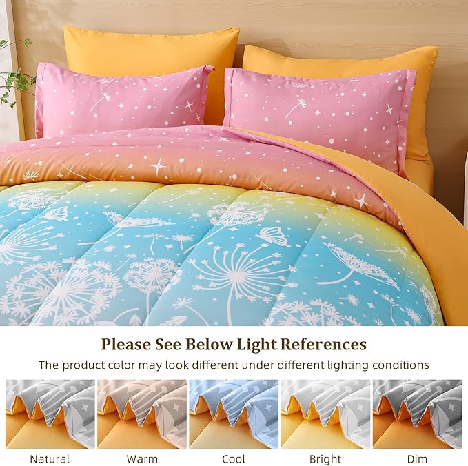 Menghomeus Girls Bed in A Bag Twin Size 5 Pieces Comforter Set for Teen Ombre Rainbow Bedding Set Dandelion Butterfly Print Kids Bedding Collections