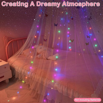 FIOBEE Bed Canopy for Girls Room Bed Canopy Curtains with Led Lights Mosquito Net DIY Princess Room Décor with Stars Butterflies for Kids Bedroom, Multi-Color