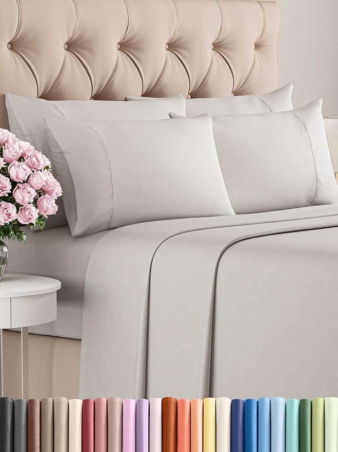 Cal King Sheets Set 6 Piece - Includes 4 Pillowcases - Bed Sheets Cal King - Soft Hotel Luxury Bedding - Cooling, Comfy & Breathable - 1 Flat & 1 Fitted & 4 Pillowcases w/ Deep Pockets - French Grey