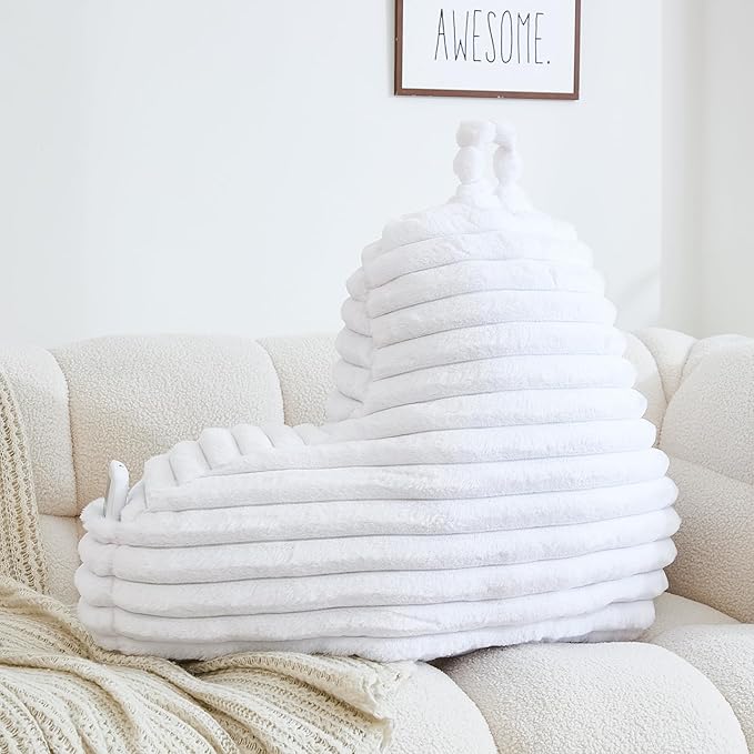 WERDIM Reading Pillow for Sitting in Bed, Faux Fur Back Pillow for Rest, Bed Chair Pillow with Arms and Pockets(XLarge, White)