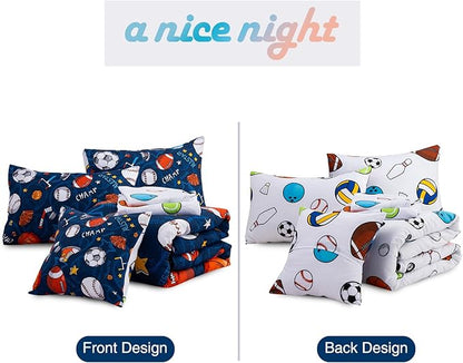 A Nice Night 6Pcs Bed in A Bag Full Sports Microfiber Modern Comforter Set,Navy Rugby Ball Printed Bedding Collections,for Boys Kids Teen