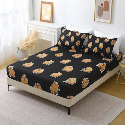 Wajade Capybara Comforter Set 7 Piece Cute Black Animal Bedding Set Capybara for Boys Girls Room Decoration Queen Size with Sheet and 2 Pillowcases 2 Pillow Shams Cute Bed in a Bag as Birthday Gift