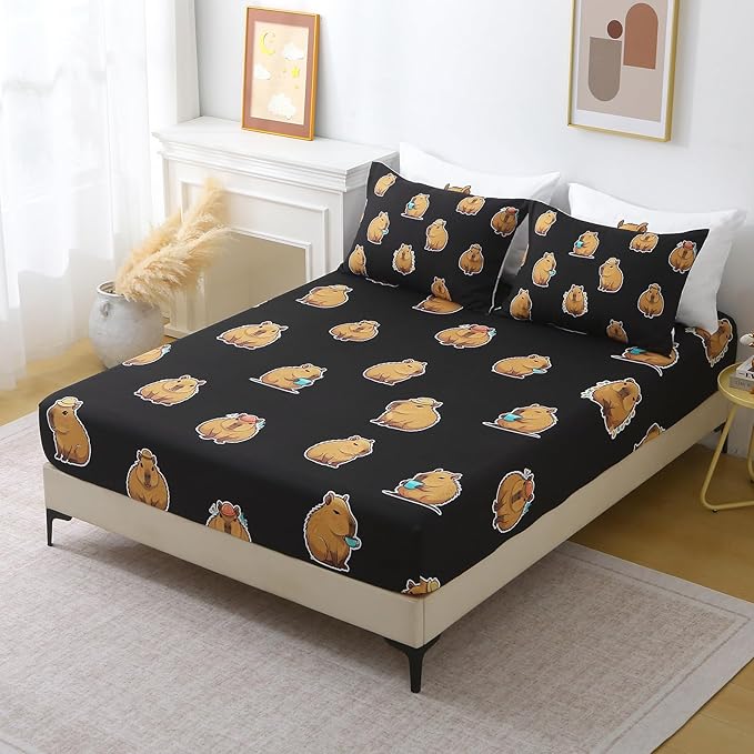 Wajade Capybara Comforter Set 7 Piece Cute Black Animal Bedding Set Capybara for Boys Girls Room Decoration Full Size with Sheet and 2 Pillowcases 2 Pillow Shams Cute Bed in a Bag as Birthday Gift
