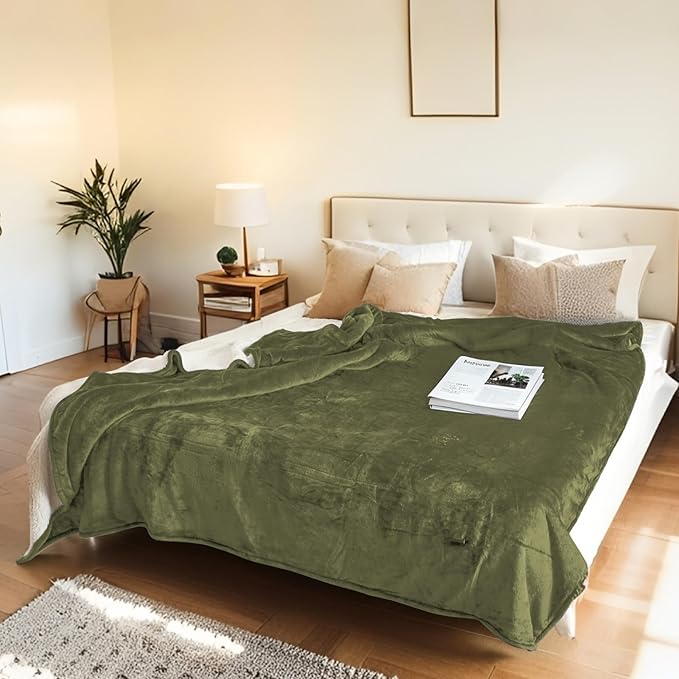 Electric Heated Blanket Throw Size 50"x60" - Flannel & Sherpa Fabric Dual-Sided, 6 Heat Settings & 1-3 Hours Auto Off, Soft & Cozy Warming Throw for Home, Office, or Bed, Machine Washable, Olive Green