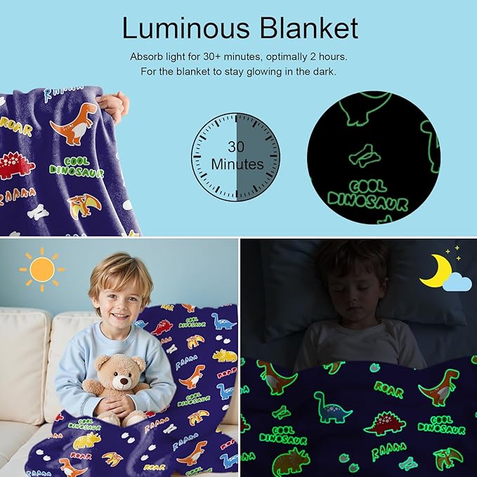 Dinosaur Glow in The Dark Blanket Dinosaur Toys Gifts for Boys Girls 1 2 3 4 5 6 7 8 9 10 11 12 Year Old Kids Blanket with Dino Soft Fleece Bed Couch Throw Home Decor (Navy Blue 50"x60")