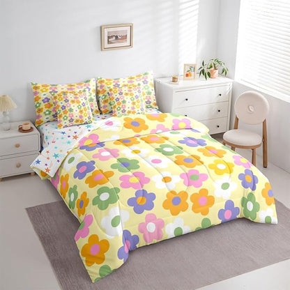 Feelyou Cute Flower 7 Piece Bedding Set Colorful Floral Comforter Set with Sheets for Kids Boys Girls Kawaii Theme Bed in a Bag Yellow Bed Set Soft Lightweight
