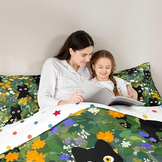 Cute Cats Bedding Sets Full Size,Watercolor Flowers Green Leaves Plant Reversible Down Comforter Breathable Polyester Quilt Set,Black Kawaii Animal Oil Painting Duvet Insert,2 Pillowcases