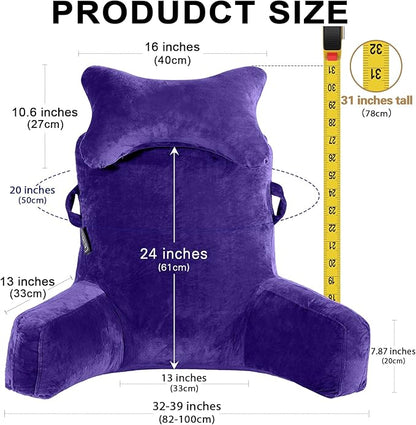 Reading Pillow-Extra Large 31" Bed Rest Pillow with Detachable Neck Roll & Arms for Sitting in Bed or Couch-Backrest Reading Pillow Adult Back Pillows for Reading/Watching TV/Gaming/Relaxing,Purple